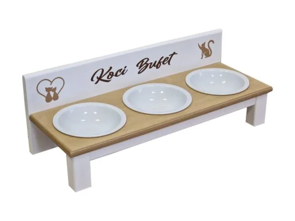 Miski ceramiczne 3 x 400 ml dla dużych ras kotów Biały stojak + Blat drewno
