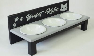 Bufet kota czarny z szarym. Miski ceramiczne 3×300 ml