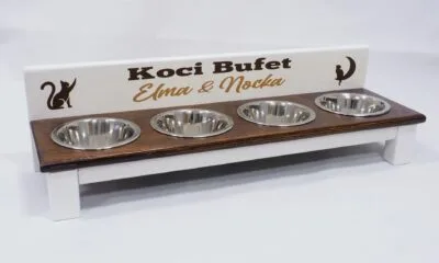 Biały Stojak z miskami dla kotów