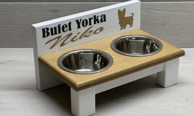 Stojak na dwie miski . Biały + Buk