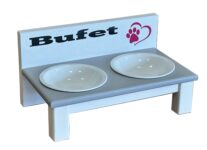 Stojak z dwiema miskami dla dużych kotów. Ceramika 16 cm 340 ml Biały z szarym