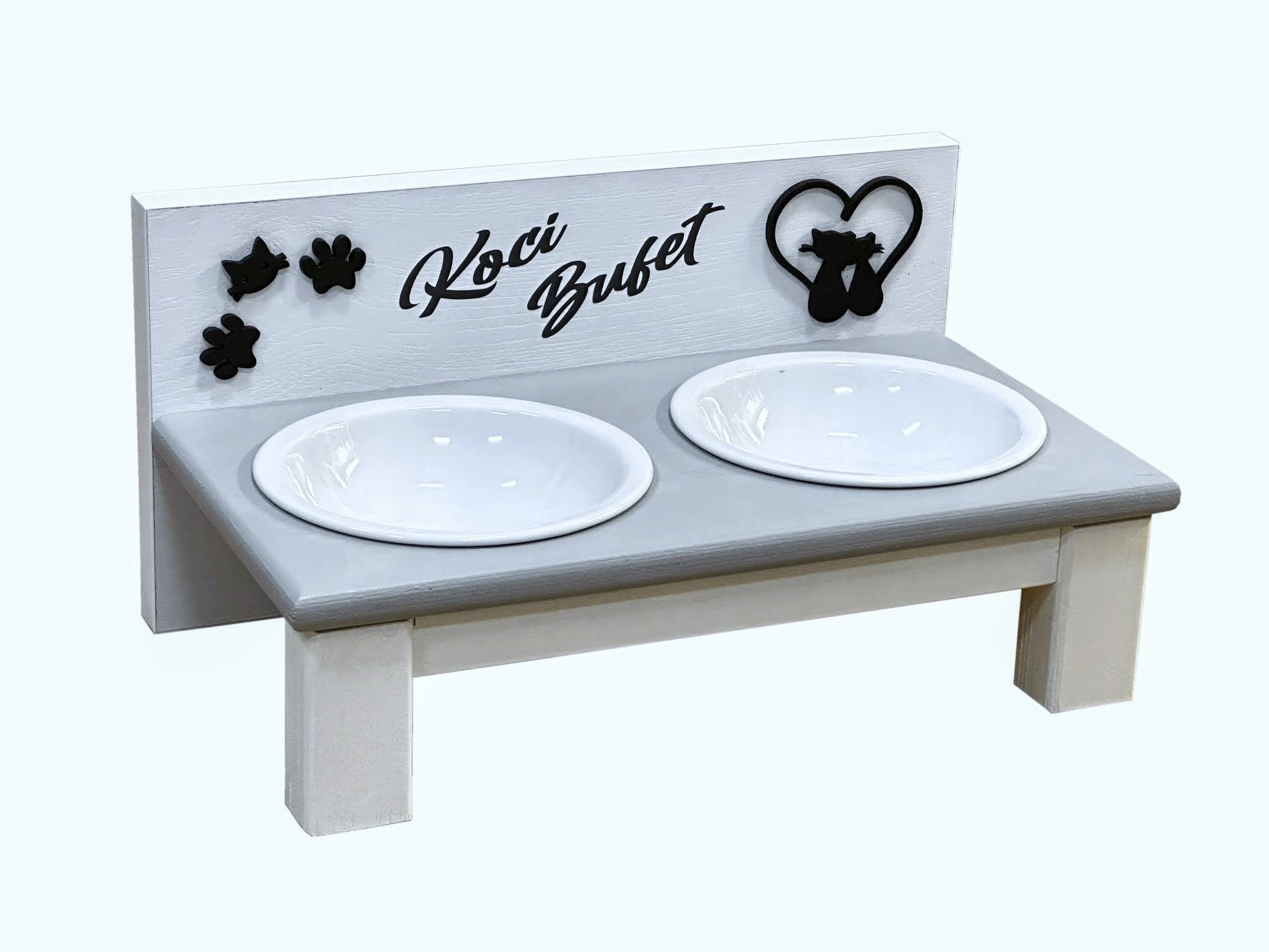 Stojak z dwiema miskami dla dużych kotów. Ceramika 16 cm 340 ml Biały z szarym 7 Stojak z dwiema miskami dla dużych kotów. Ceramika 16 cm 340 ml Biały z szarym - obrazek 7