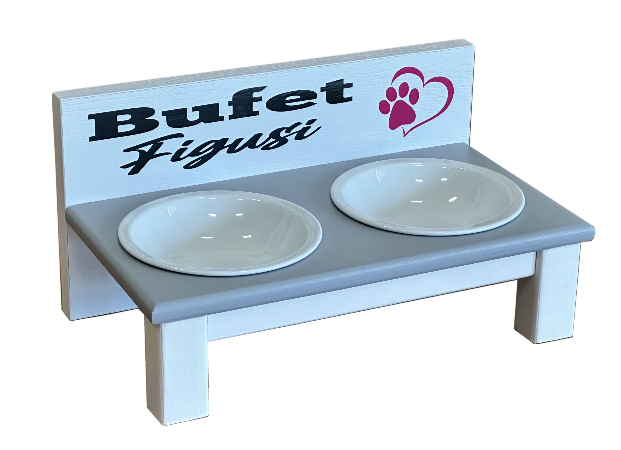 Stojak z dwiema miskami dla dużych kotów. Ceramika 16 cm 340 ml Biały z szarym 2 Stojak z dwiema miskami dla dużych kotów. Ceramika 16 cm 340 ml Biały z szarym - obrazek 2