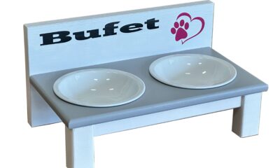 Dwie miski dla kota na białej podstawce